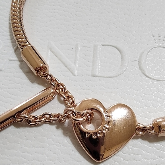 Pandora Moments Heart T-Bar Snake Chain Bracelet rose gold-plated 7.1 IN - Picture 4 of 8